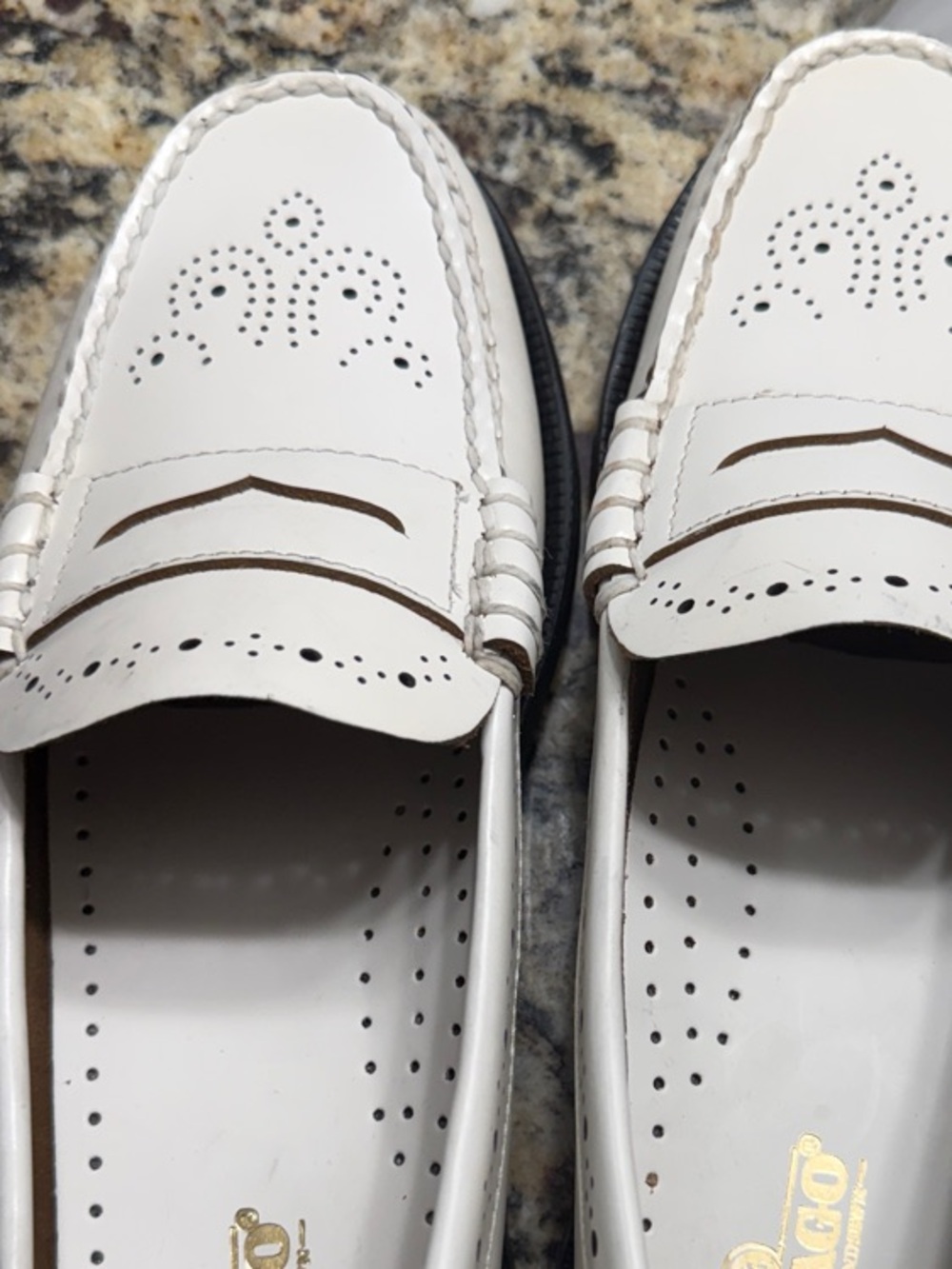 Sebago White Leather Penny Loafers with Brogue Detailing